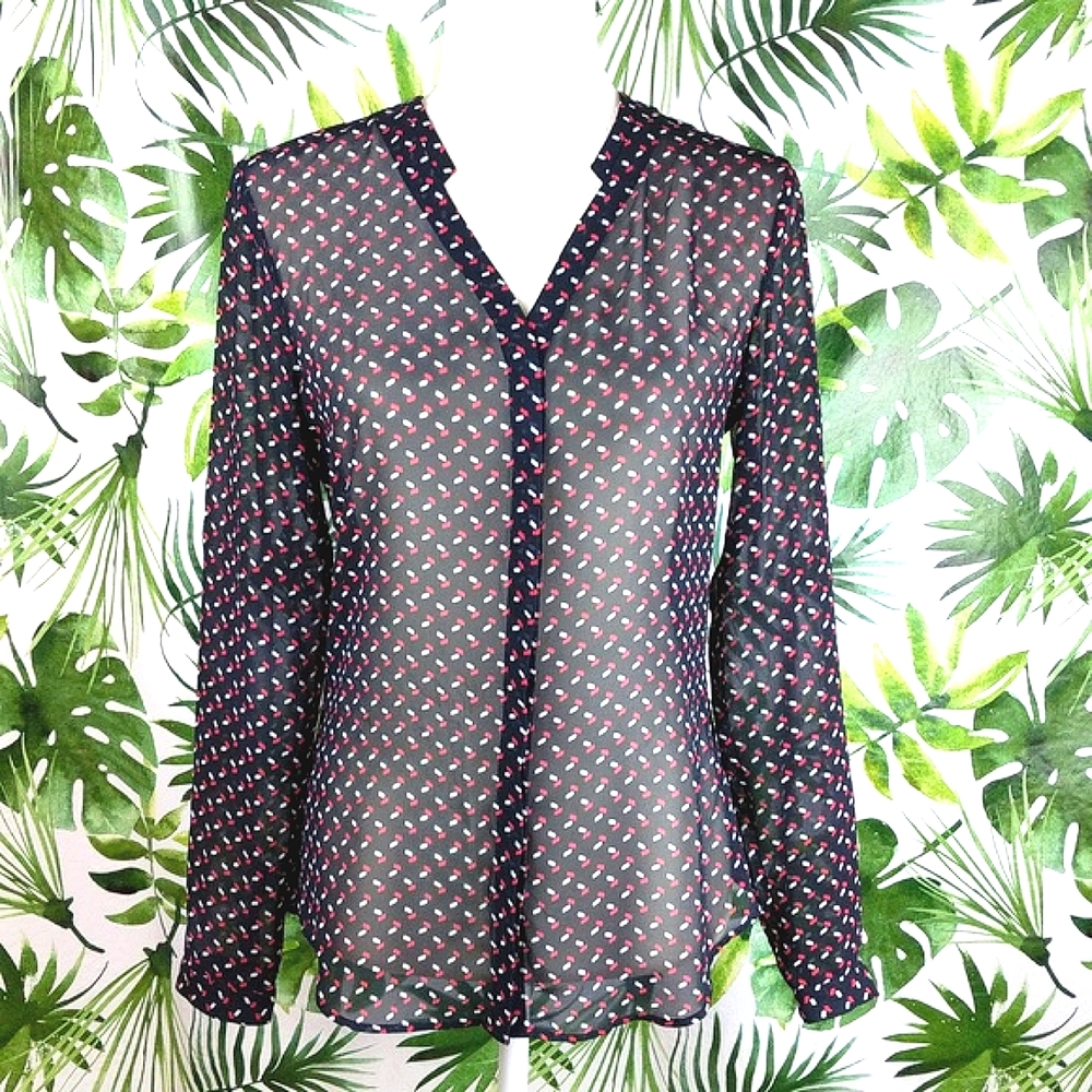 Ann Taylor Black & Red Sheer Button Down Top (Size: 2)